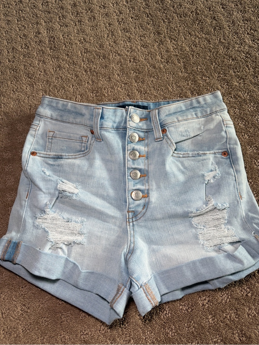 Light Blue Distressed High-Waist Denim Shorts